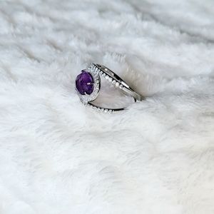 Rhodium Plated Amethyst and CZ Split Band Ring